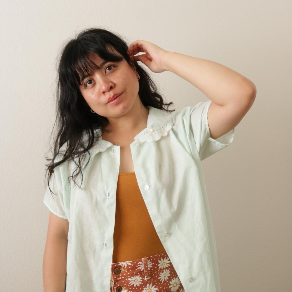 Sheer pastel mint scallop collared blouse